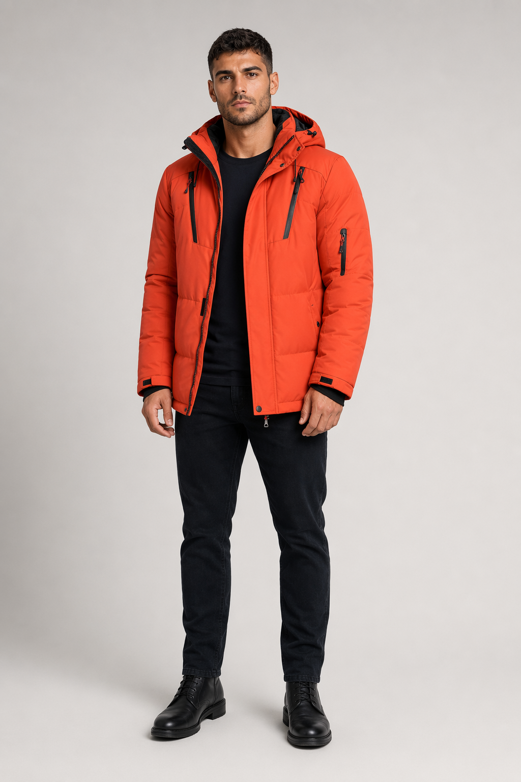 High Collar Men's Puffer Jacket with Detachable Hood Orange