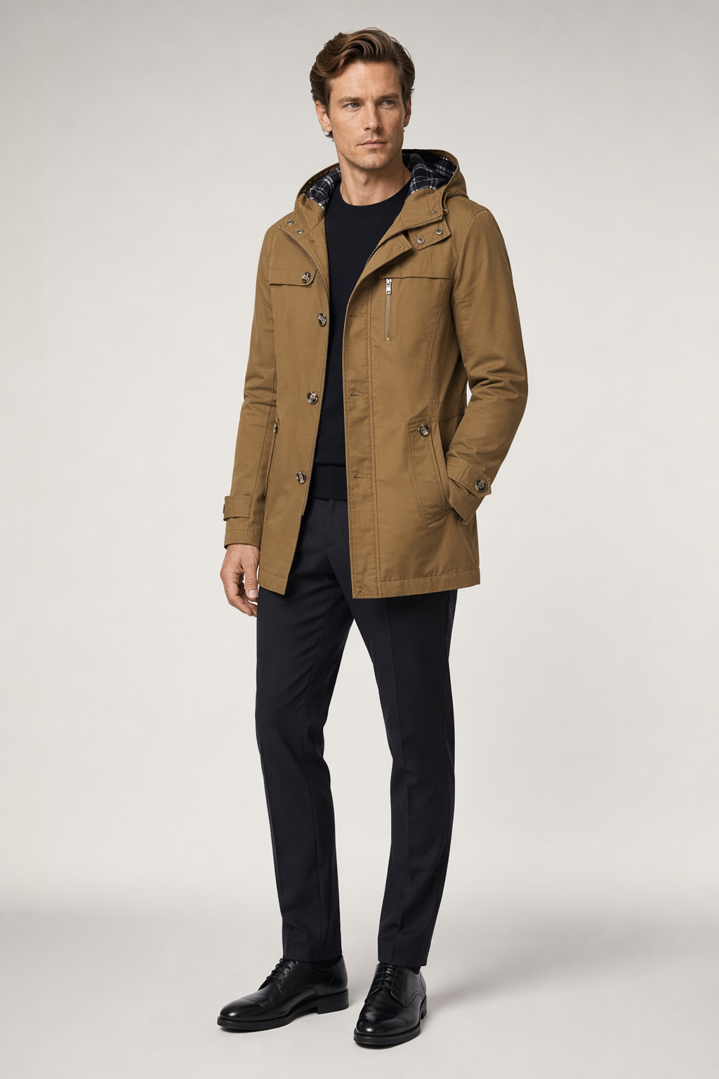 Winter Trench Coat with Mid Length and Hood for Men Brown