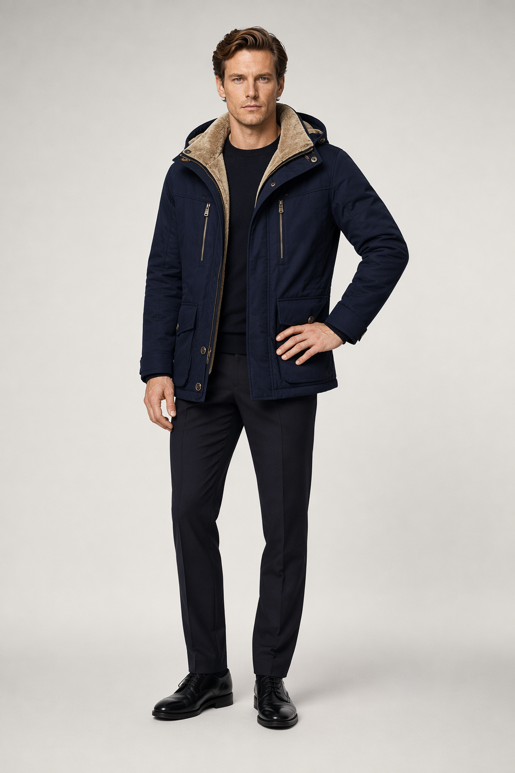 Hooded Winter Parka Coat for Men with Inner Fleece Navy
