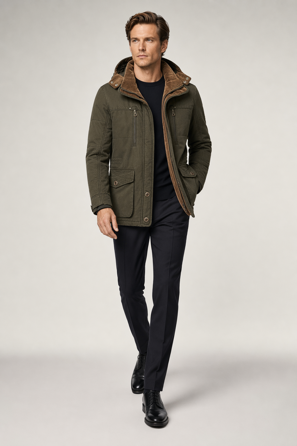 Hooded Winter Parka Coat for Men with Inner Fleece Army Green