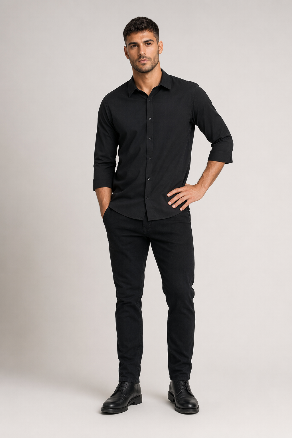 Button-Up Shirt for Men with Three-Quarter Sleeves Black