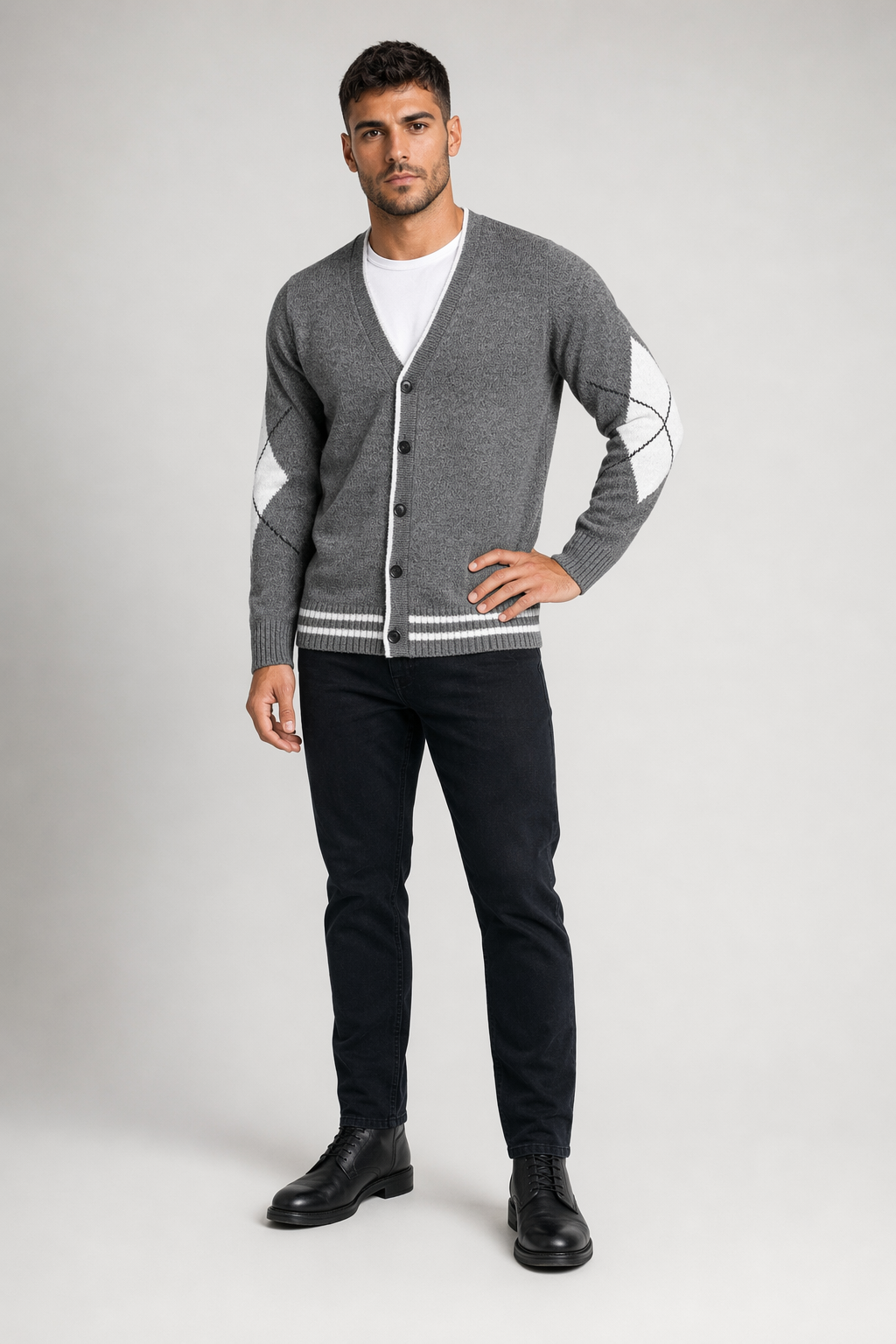 Men's Sweater with Crossed Elbow Patch and V-Neckline Gray