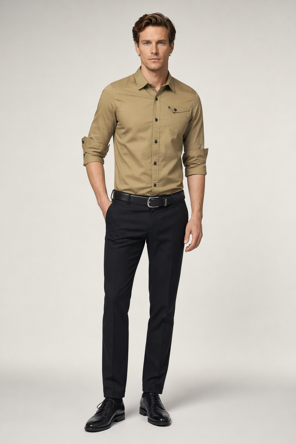 Cotton Button Front Shirt - Long Sleeve Men's Khaki