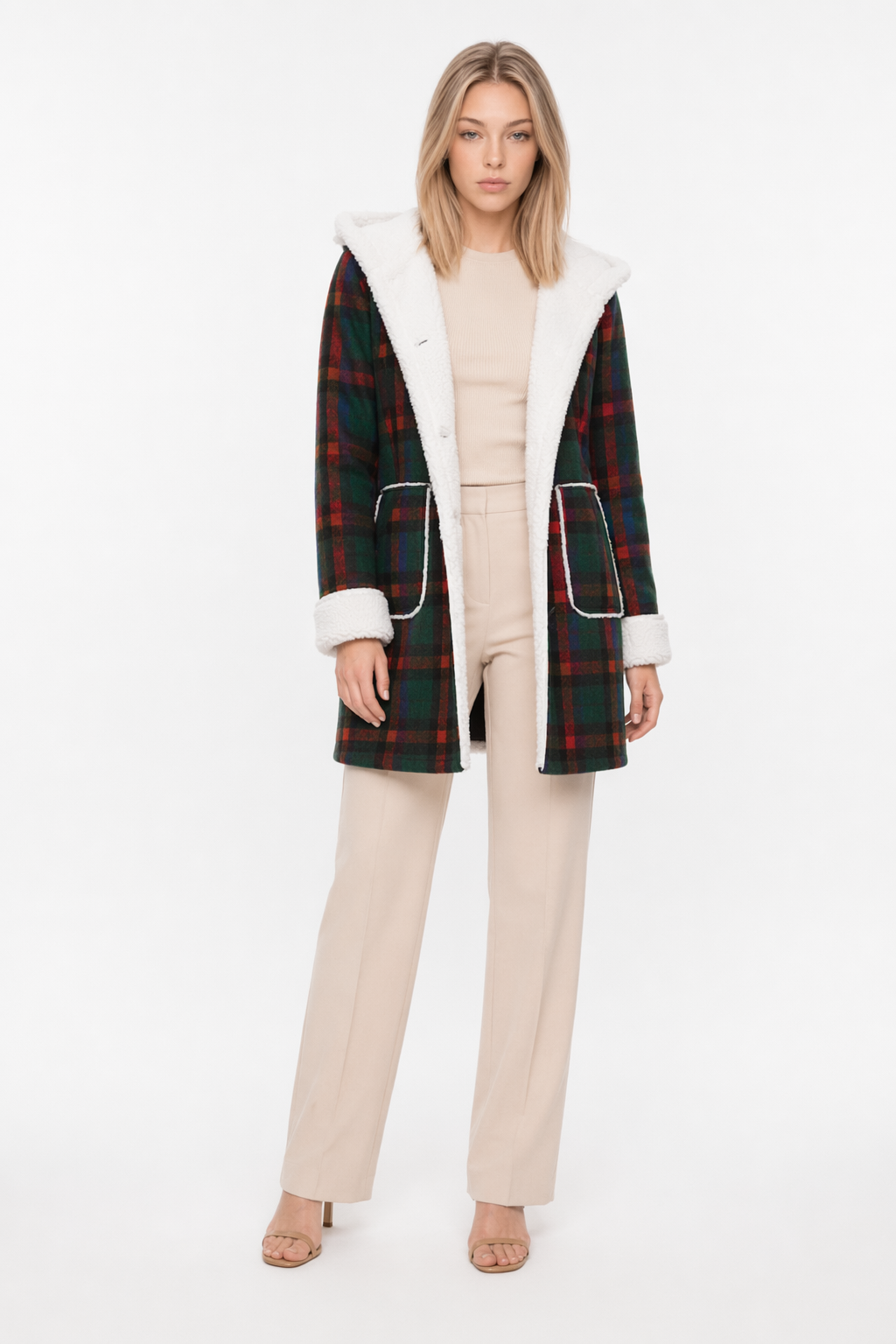 Hooded Women's Check Print Jacket Green