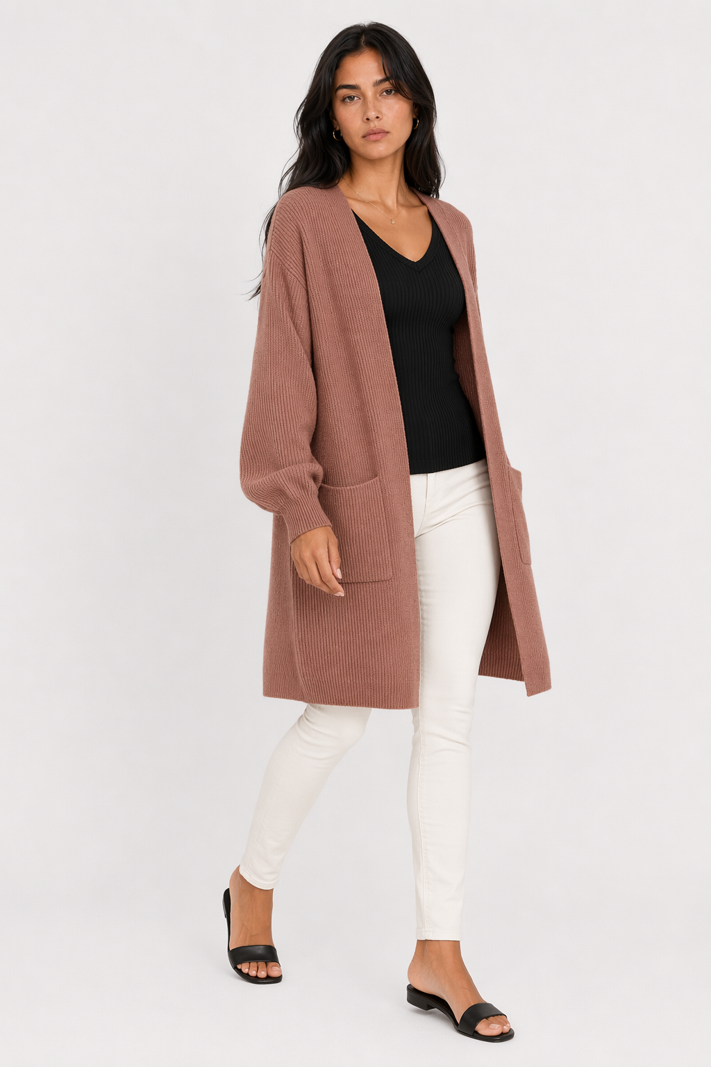 Women's Open Front Cardigan with Mid-Length and Pockets Brown