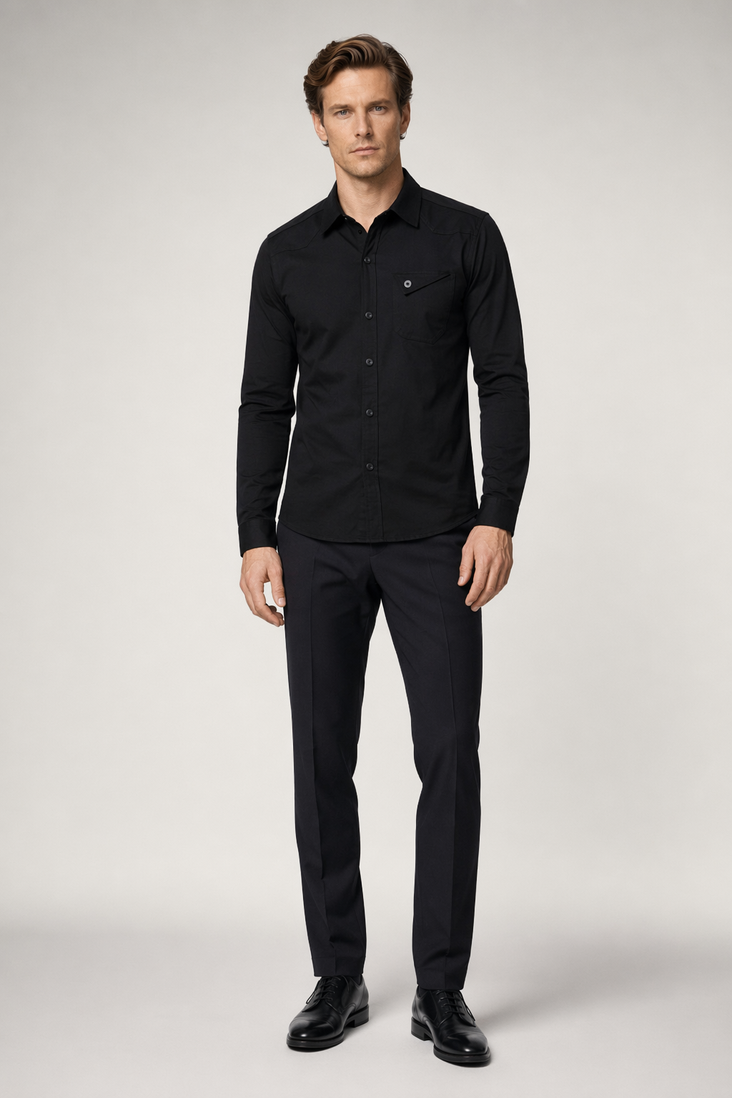 Classic White Long Sleeve Shirt with Flip Pocket and Button Front for Men Black