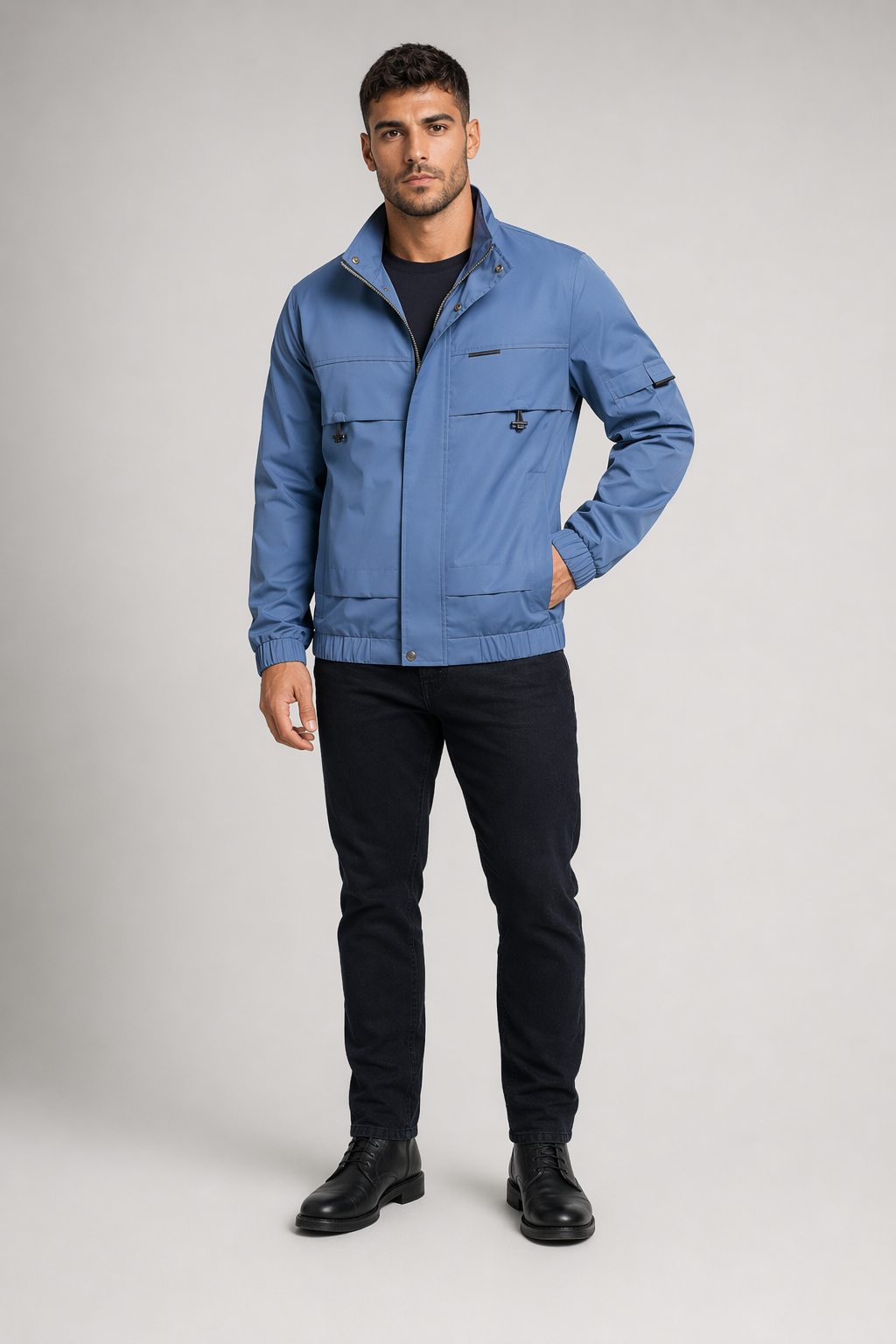 High Collar Windproof Jacket for Men Blue