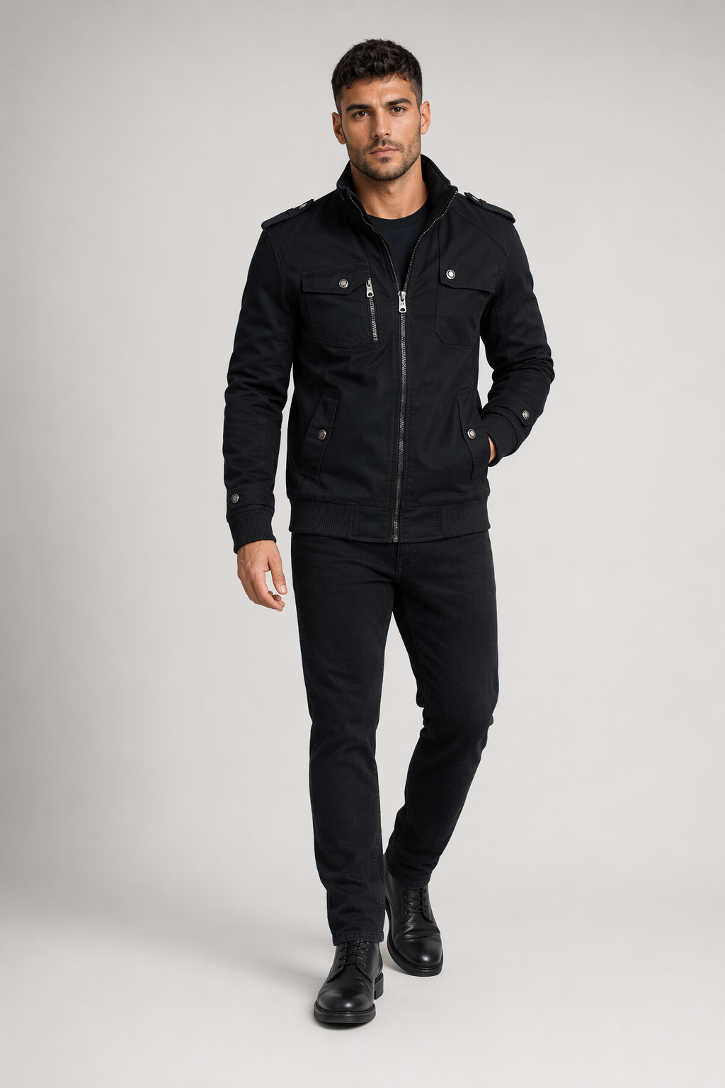 Faux Fur-Lined Military-Inspired Men's Jacket Black