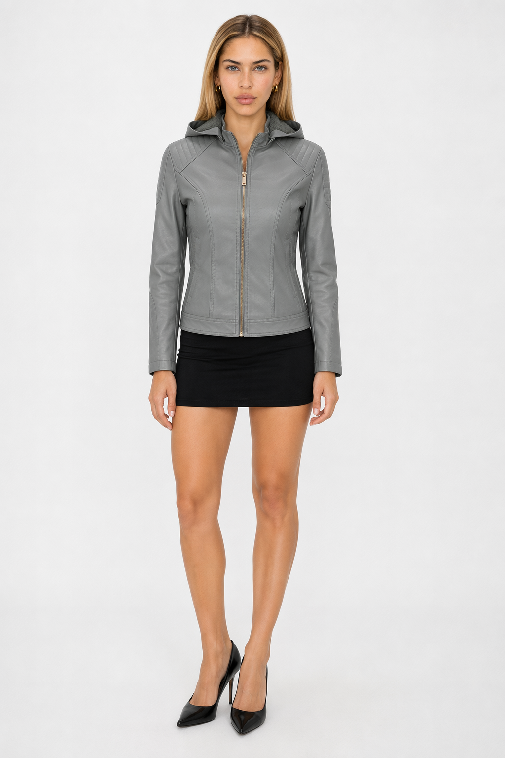 Faux Leather Hooded Jacket with Plush Interior Gray
