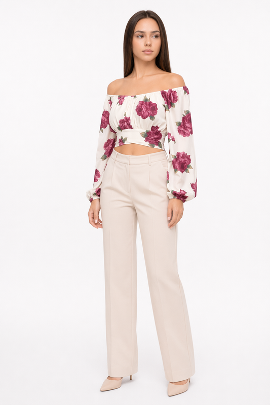 Summer Women's Top with Off-Shoulder Style and Bell Sleeves Print White