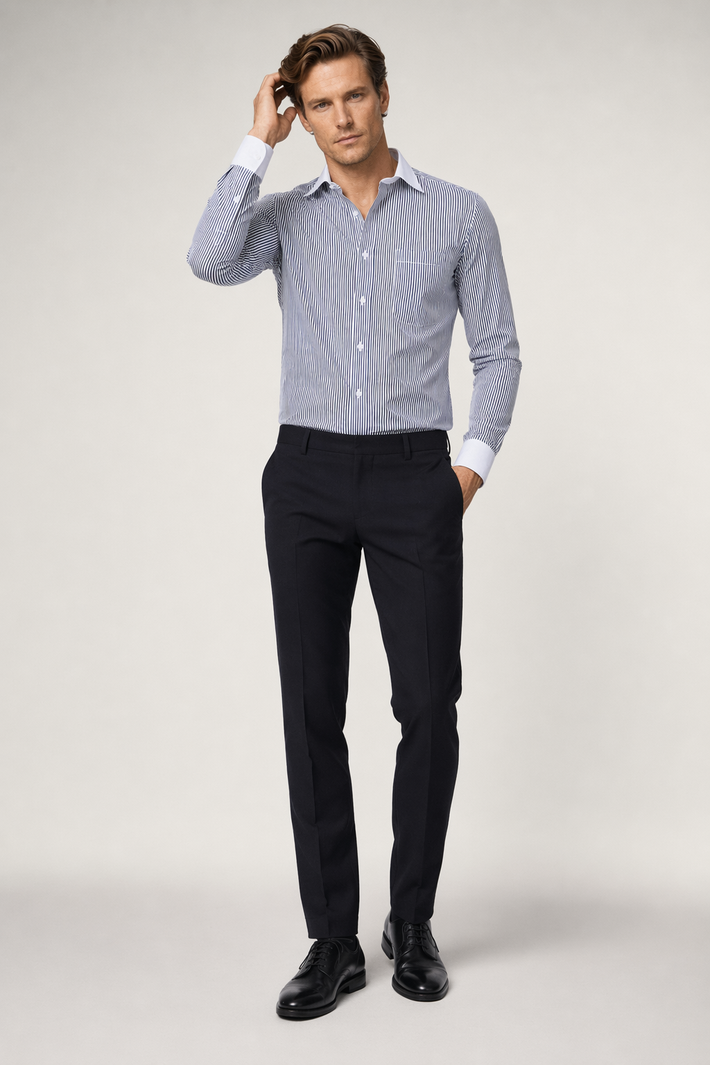 Contrast Cuff Pinstripe Men's Shirt Navy