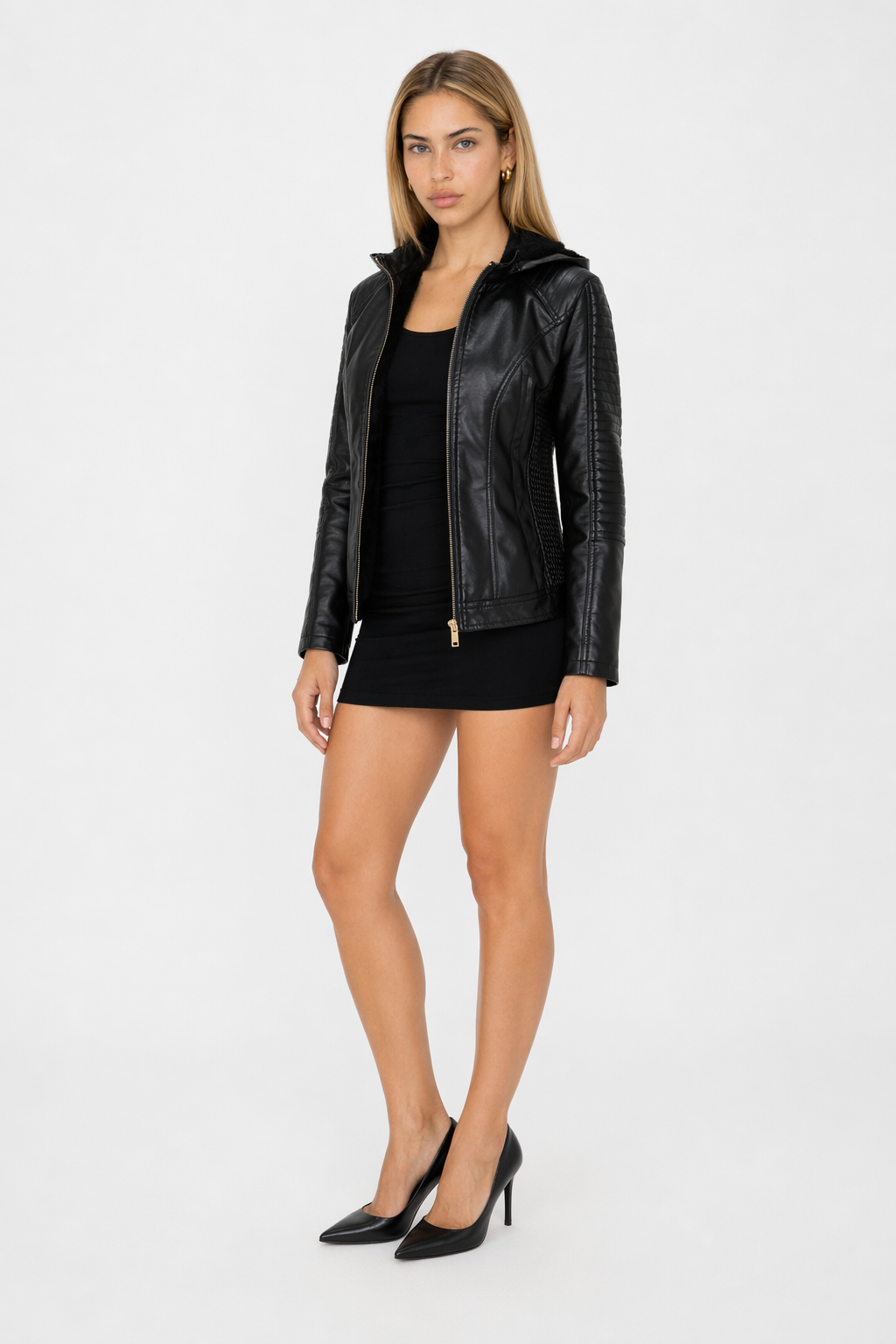 Faux Leather Hooded Jacket with Plush Interior Black