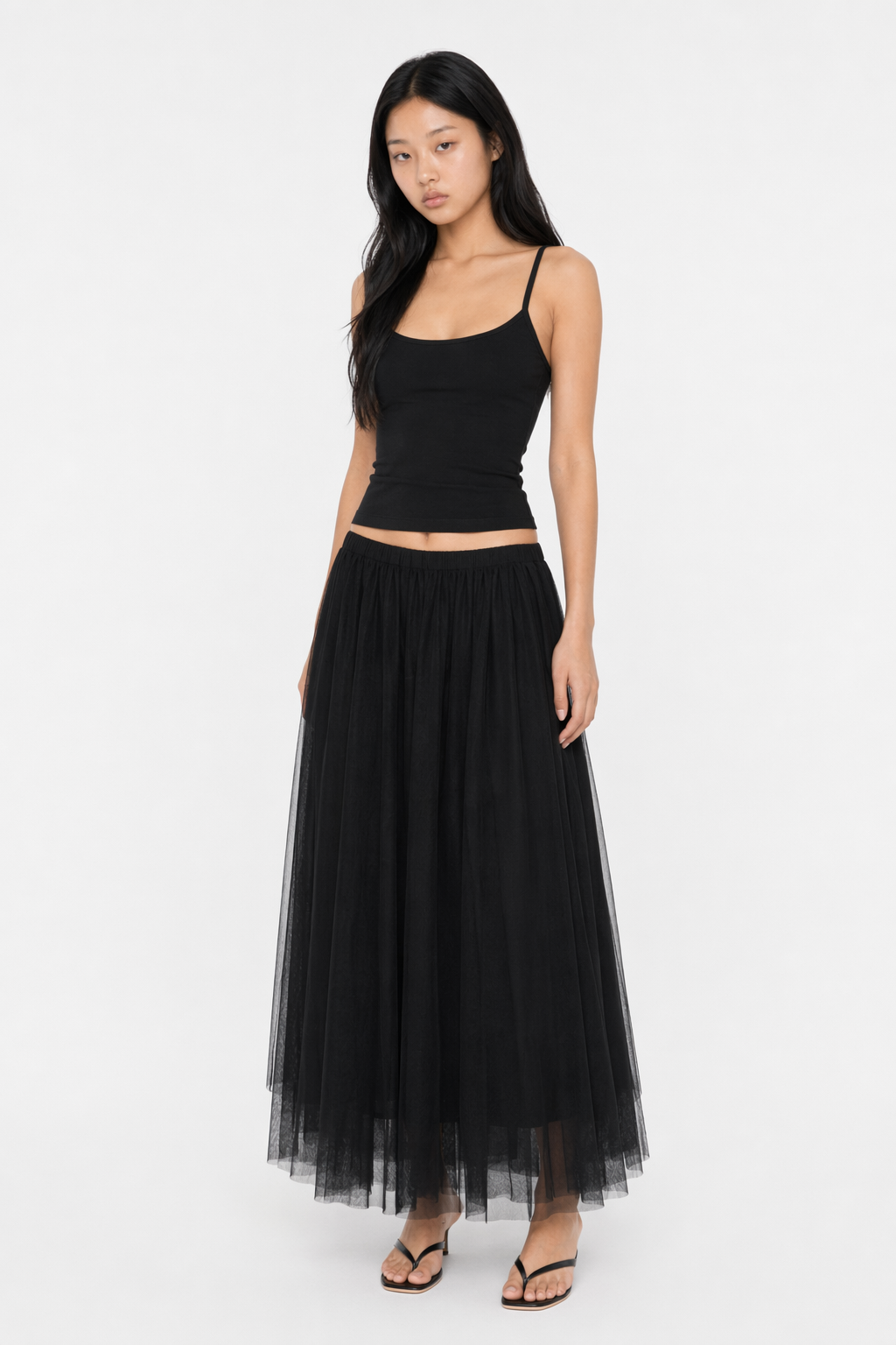 Summer Long Skirt with Elastic Waistband and 3 Layers Black