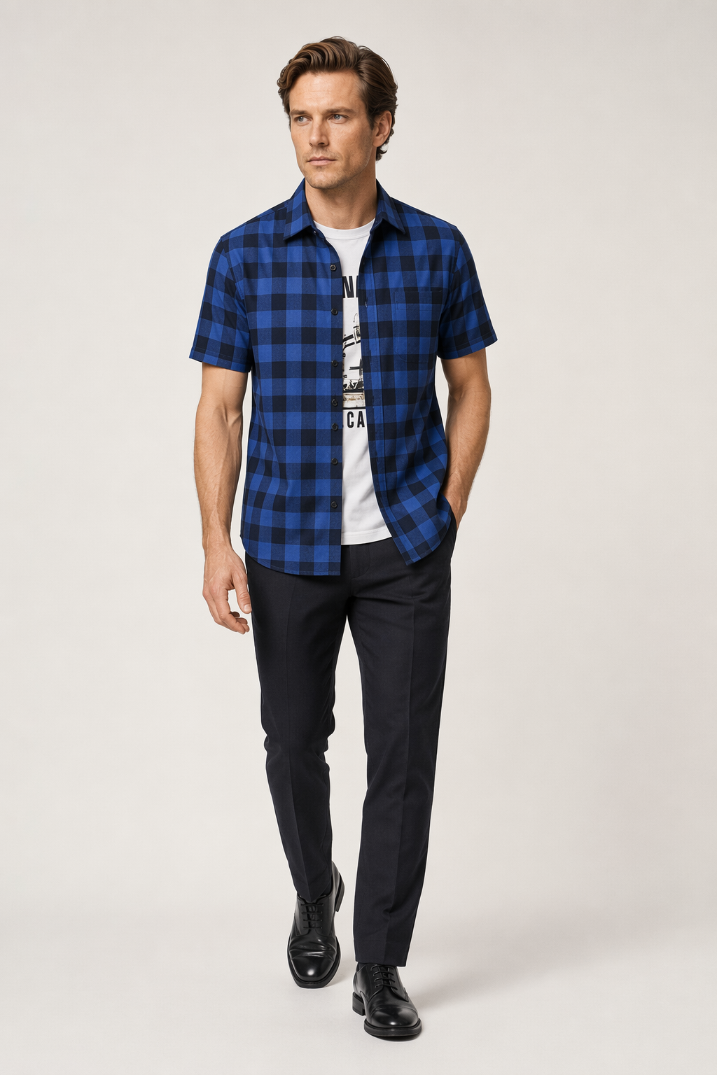 Checkered Short Sleeve Men's Shirt Dark Blue