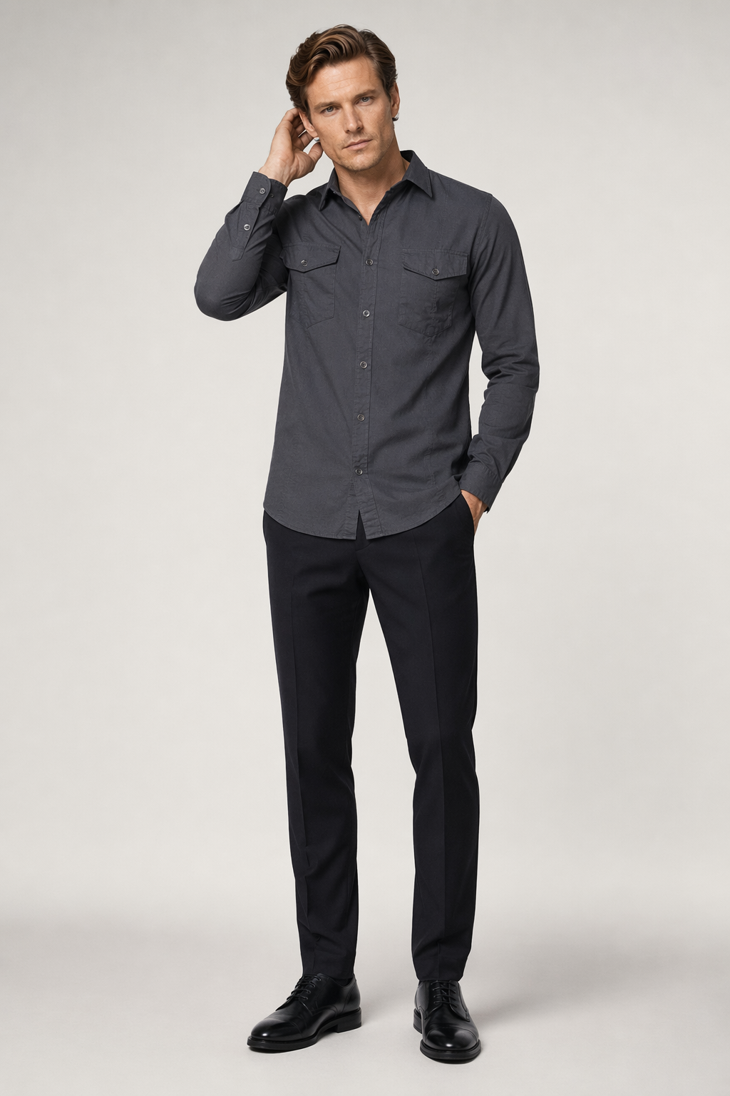 Long Sleeve Military Shirt with Dual Pockets for Men Dark Gray