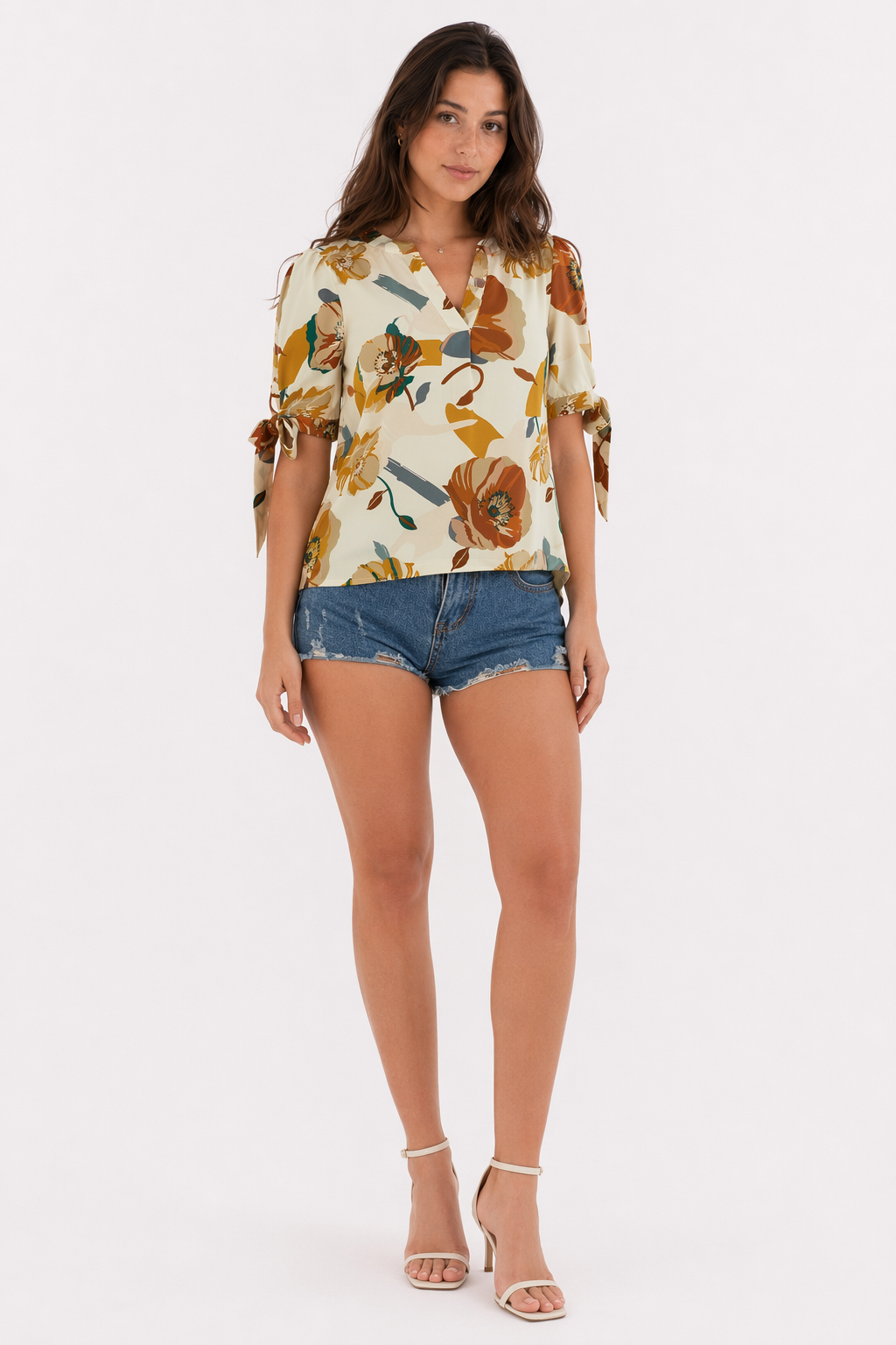 Summer Floral V Neck Top for Women with Vibrant Colors Beige