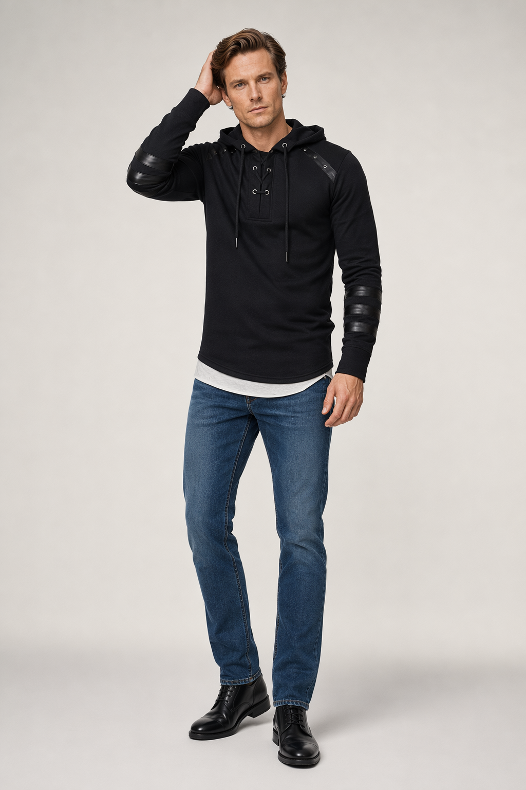Pullover Hoodie for Men with Faux Leather Accents and Lace-Up Design Black