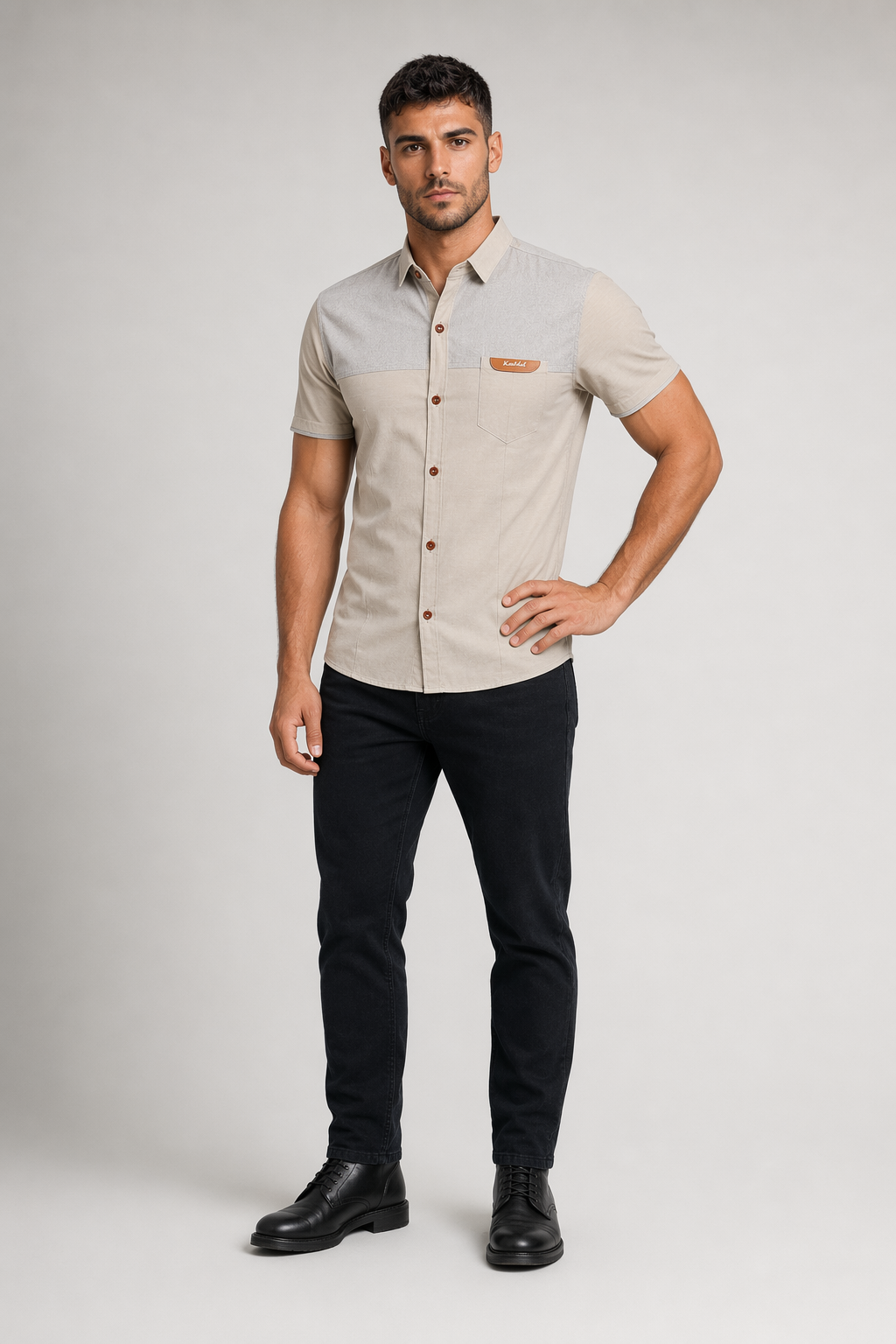 Color Block Men's Denim Shirt Beige
