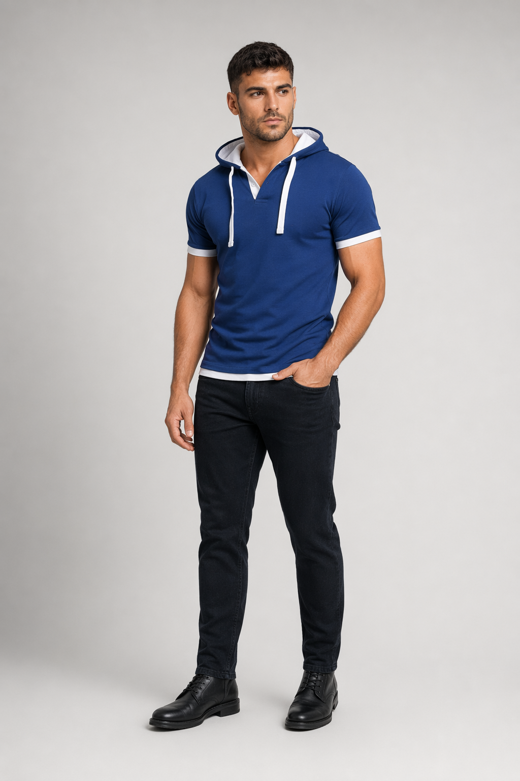 Short Sleeve Hooded Tee for Men Blue