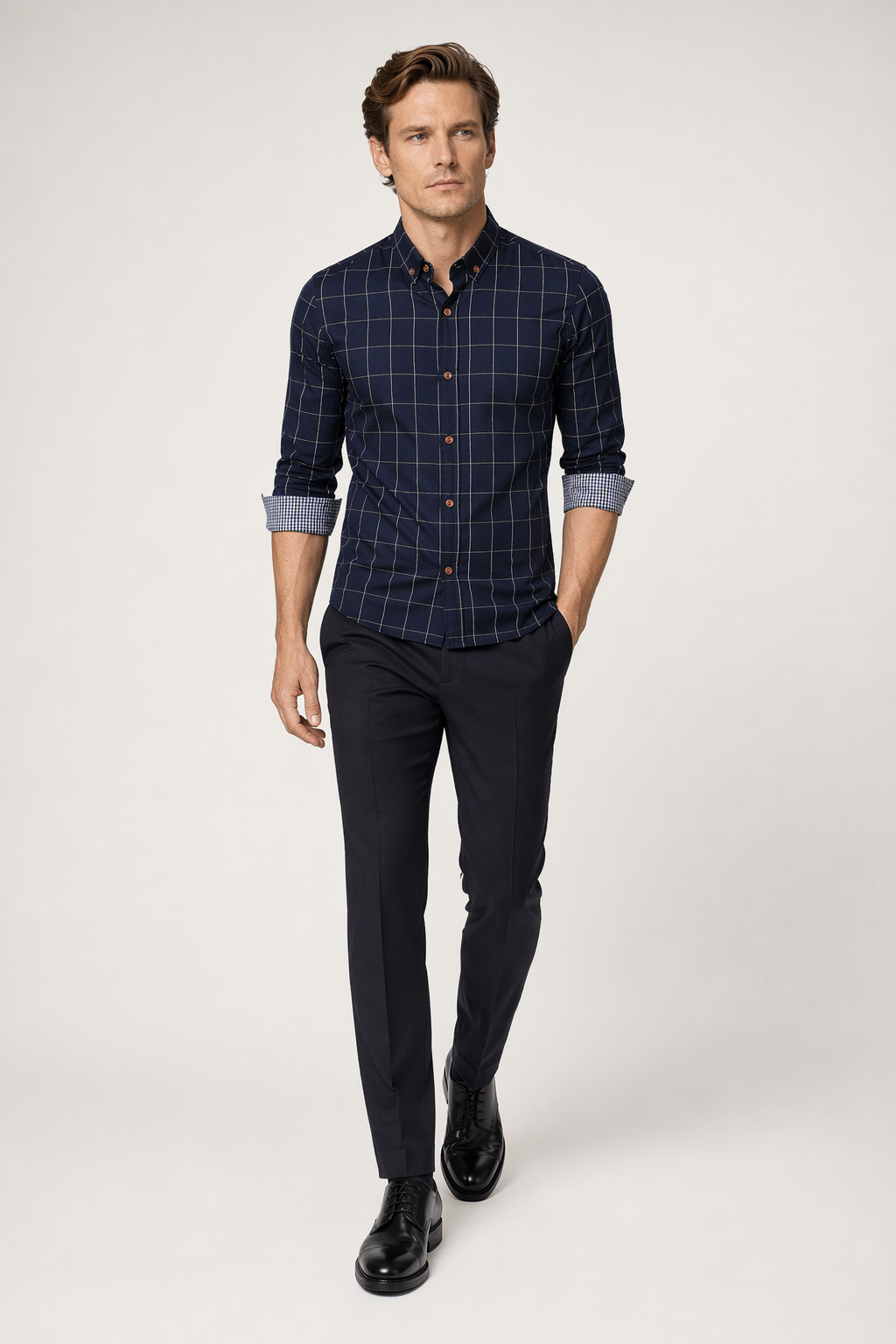Navy Blue Checkered Button-Up Men's Shirt Default