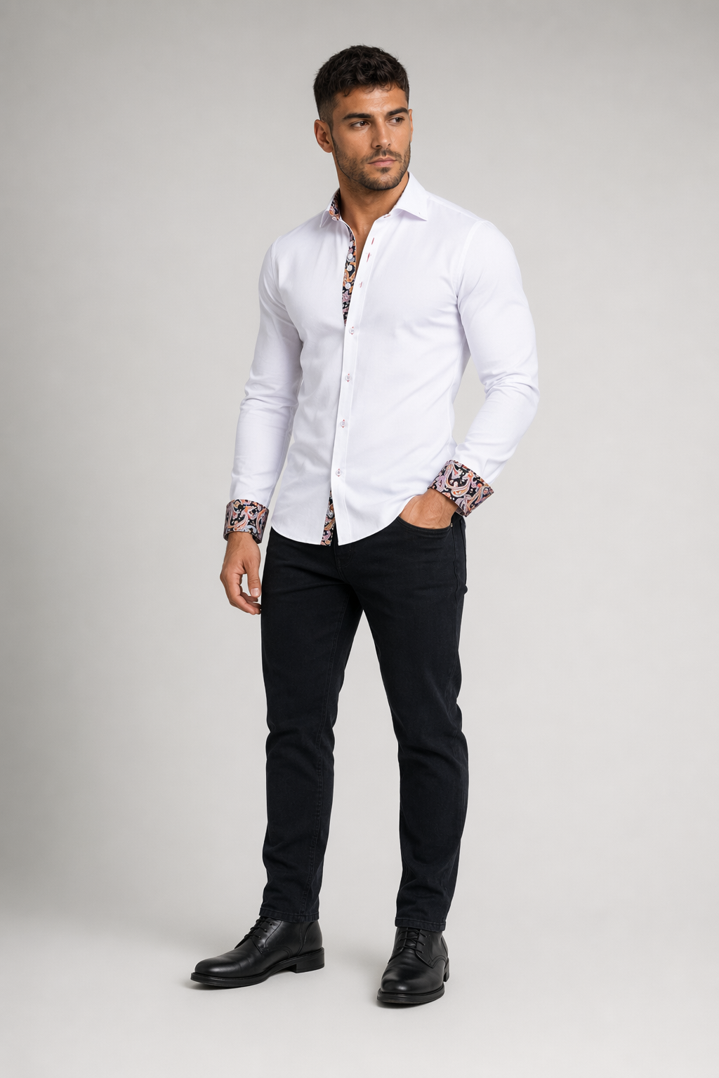 Button-Down Men's Shirt with Botanical Accents White