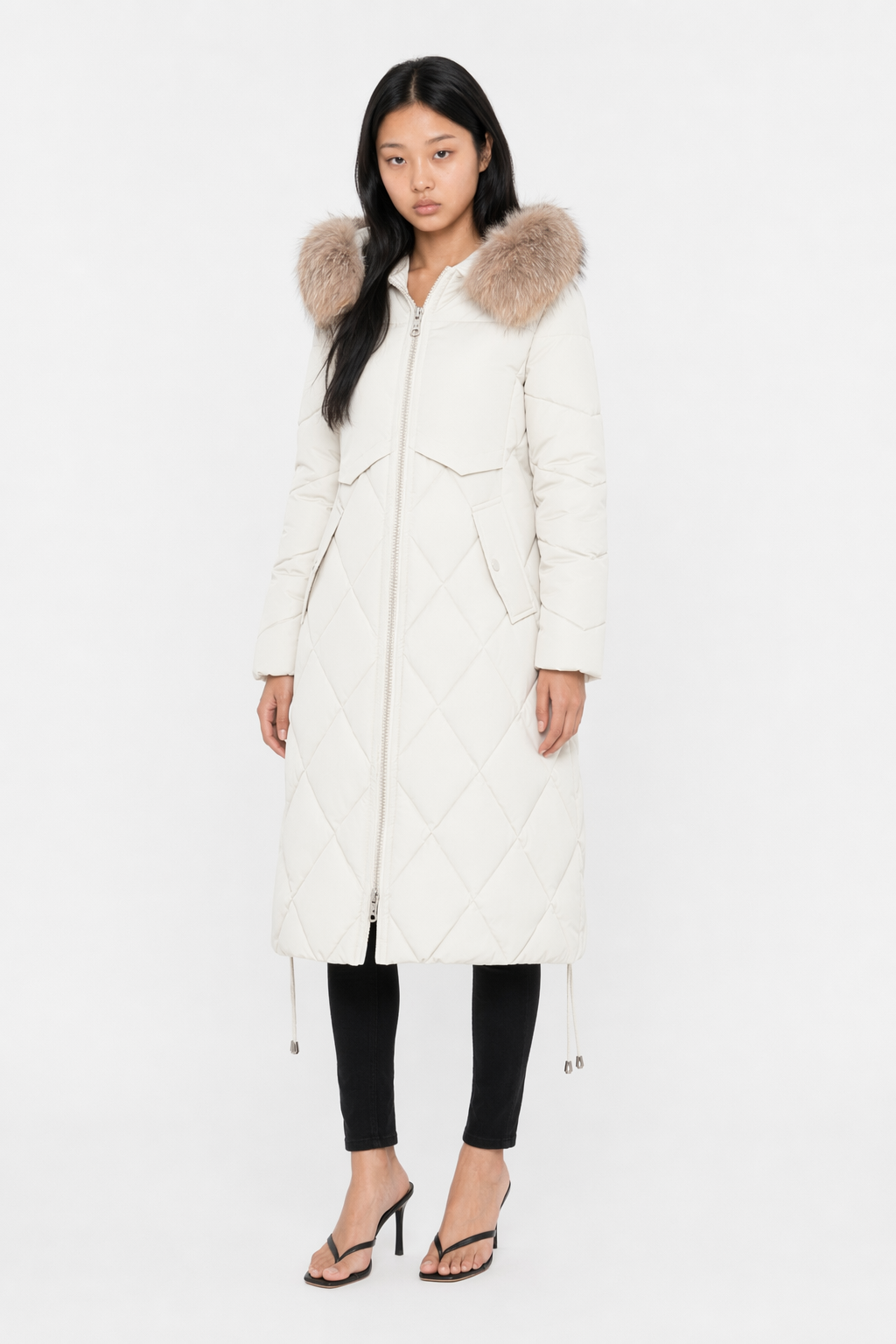 Long Coat for Women with a Hood Fur Trim and Zipper Closure Off White