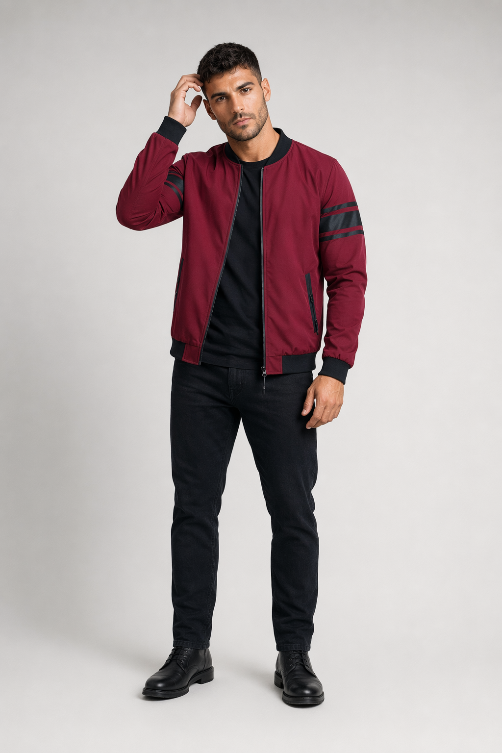 Striped Sleeve Zip-Up Bomber Jacket for Men Wine
