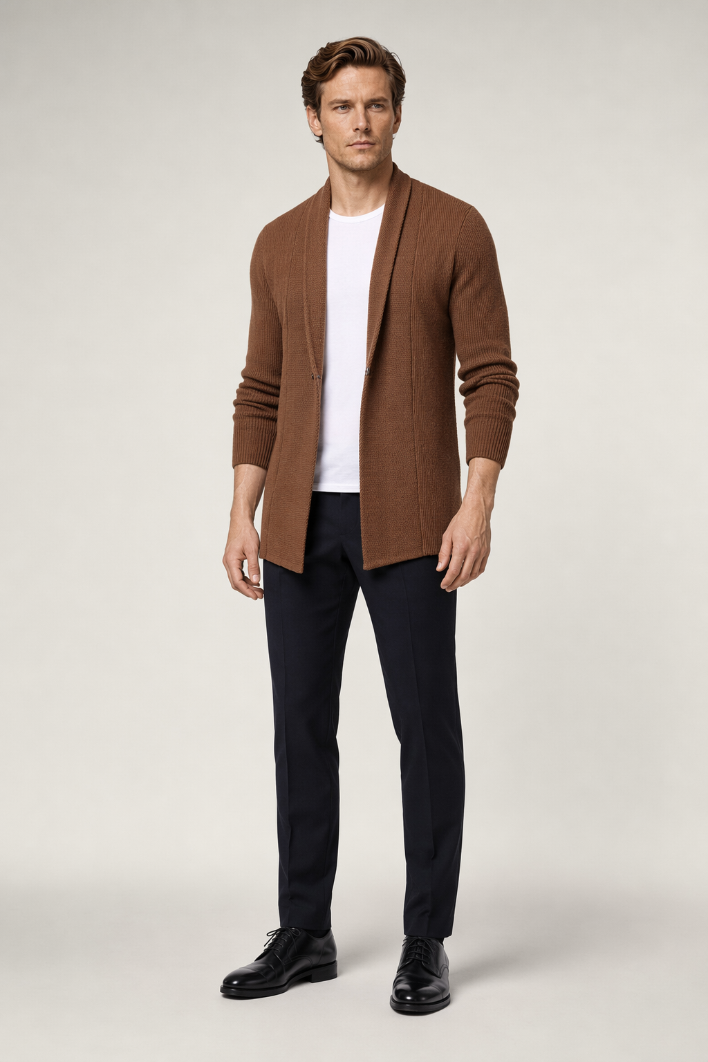 Single Button Men's Mid-Length Cardigan Brown