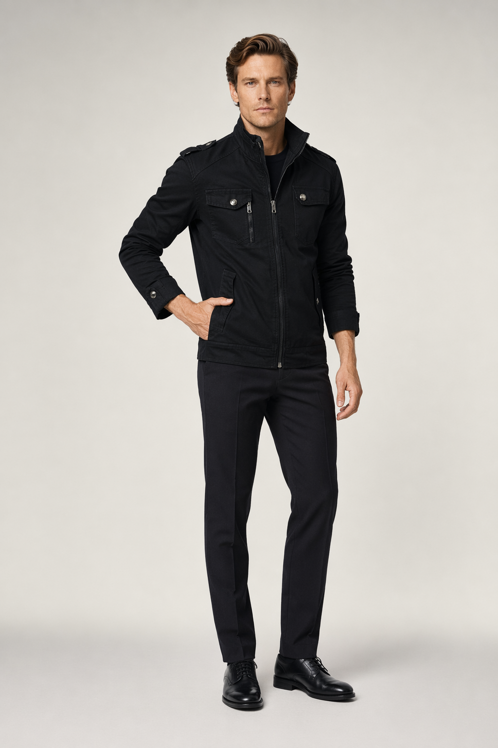 Casual Zipper Jacket for Men with Military-Inspired Look Black