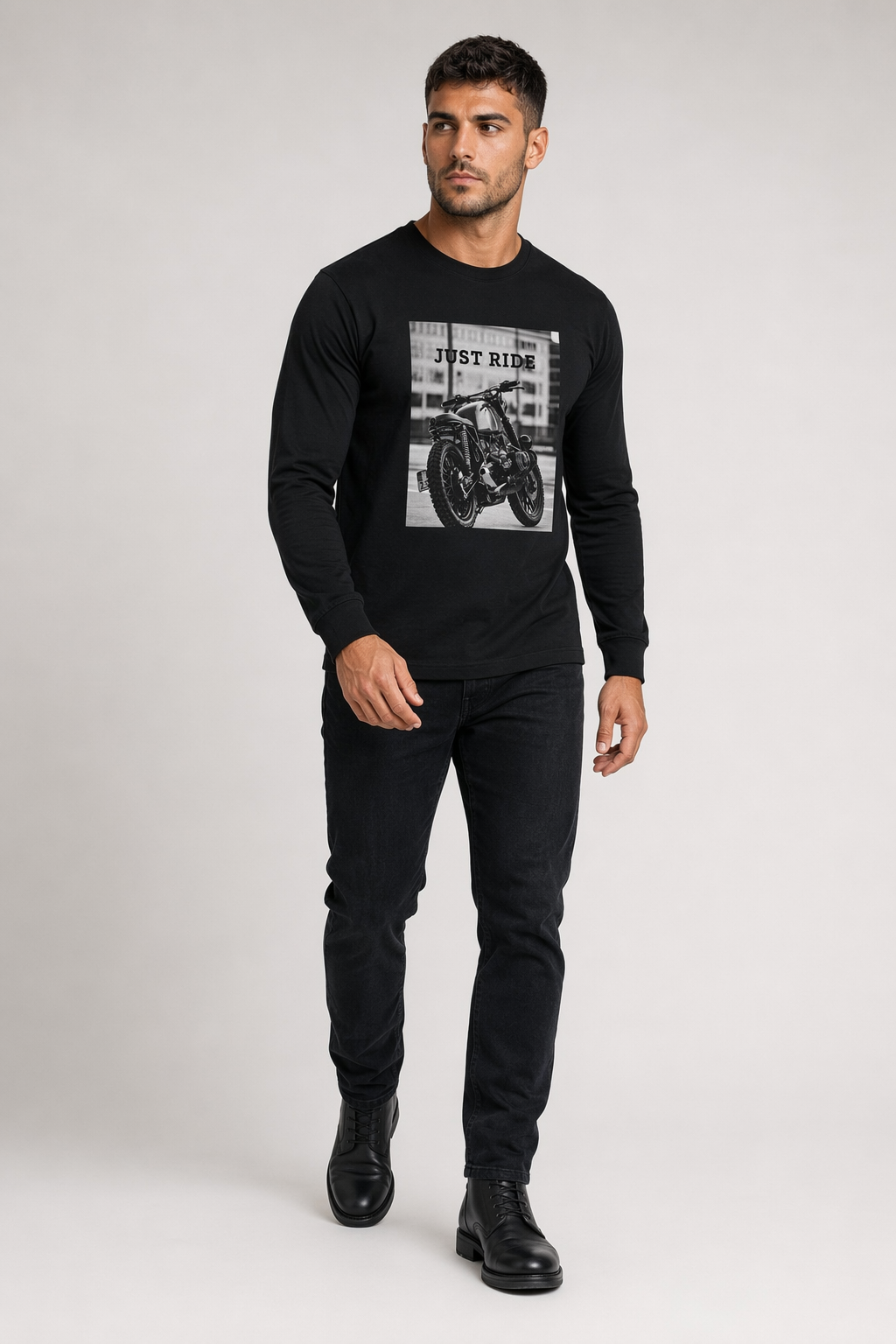 Men's Long Sleeve Motorcycle Graphic T-Shirt Black