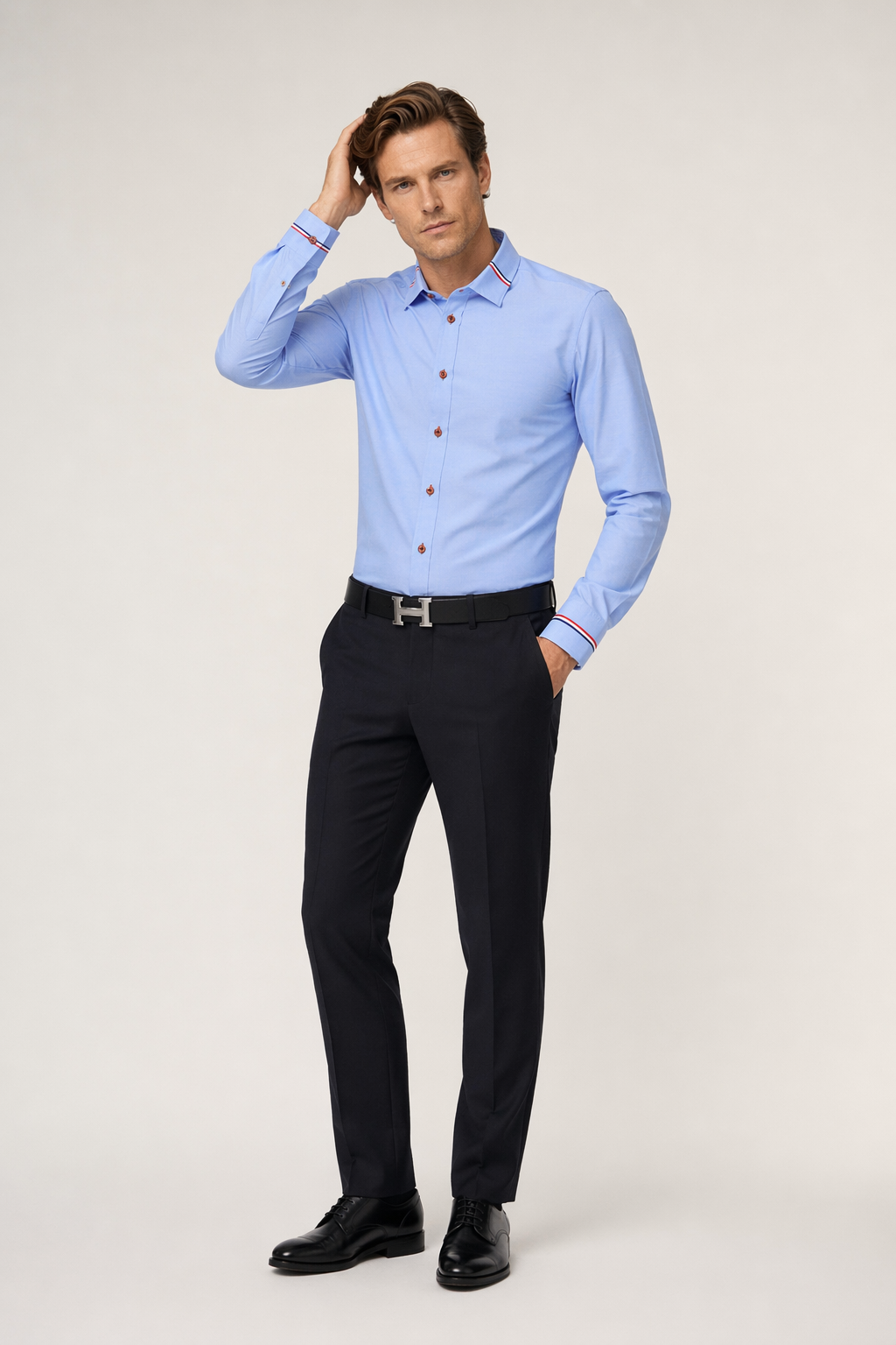 Ribbon Detailed Men's Button-Up Shirt Blue