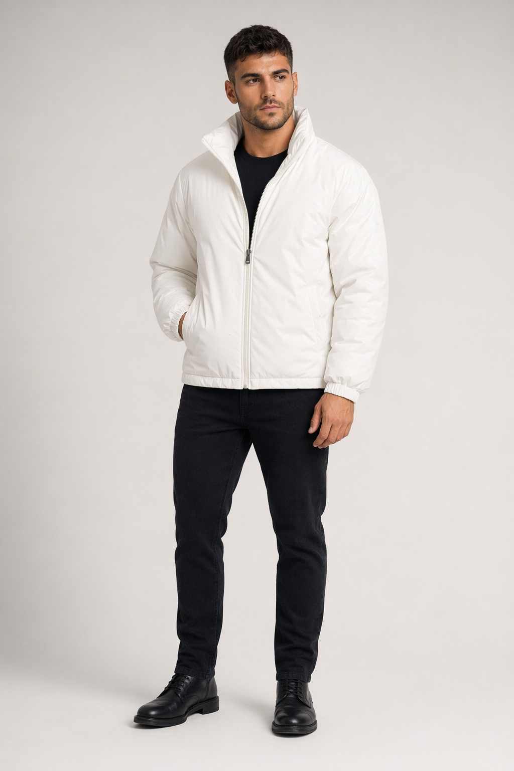 Quilted High Collar Men's Jacket White