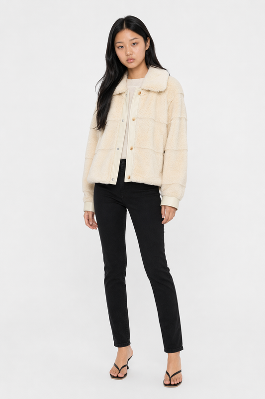 Faux Fur Jacket for Women with Trimmed Cuffs in Vegan Leather Default