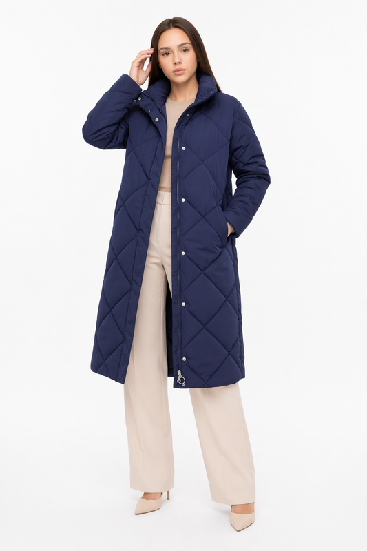 Long Padded Jacket with High Neckline for Women Navy