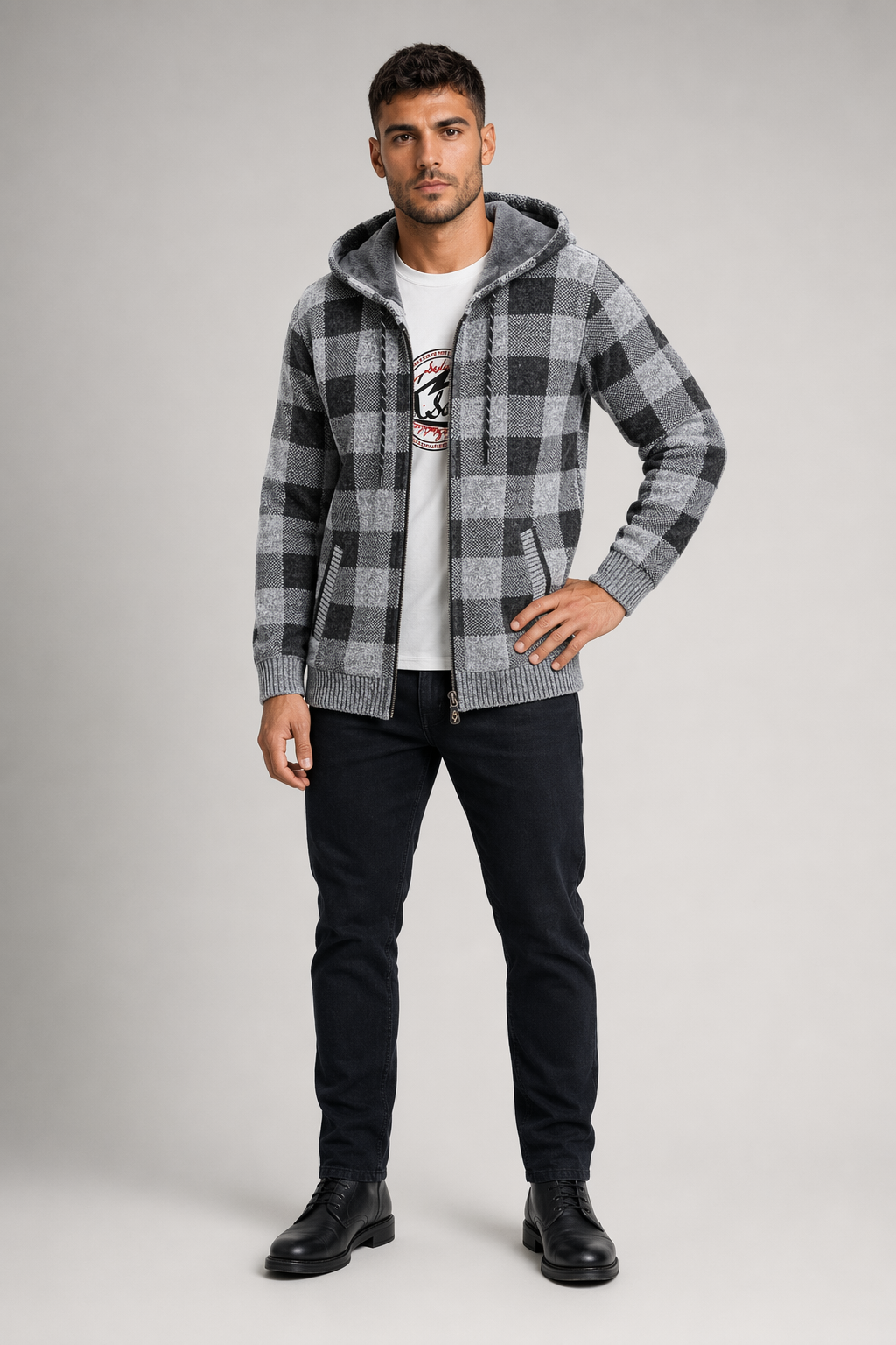 Plaid Zip-Up Jacket for Men with a Hood Gray