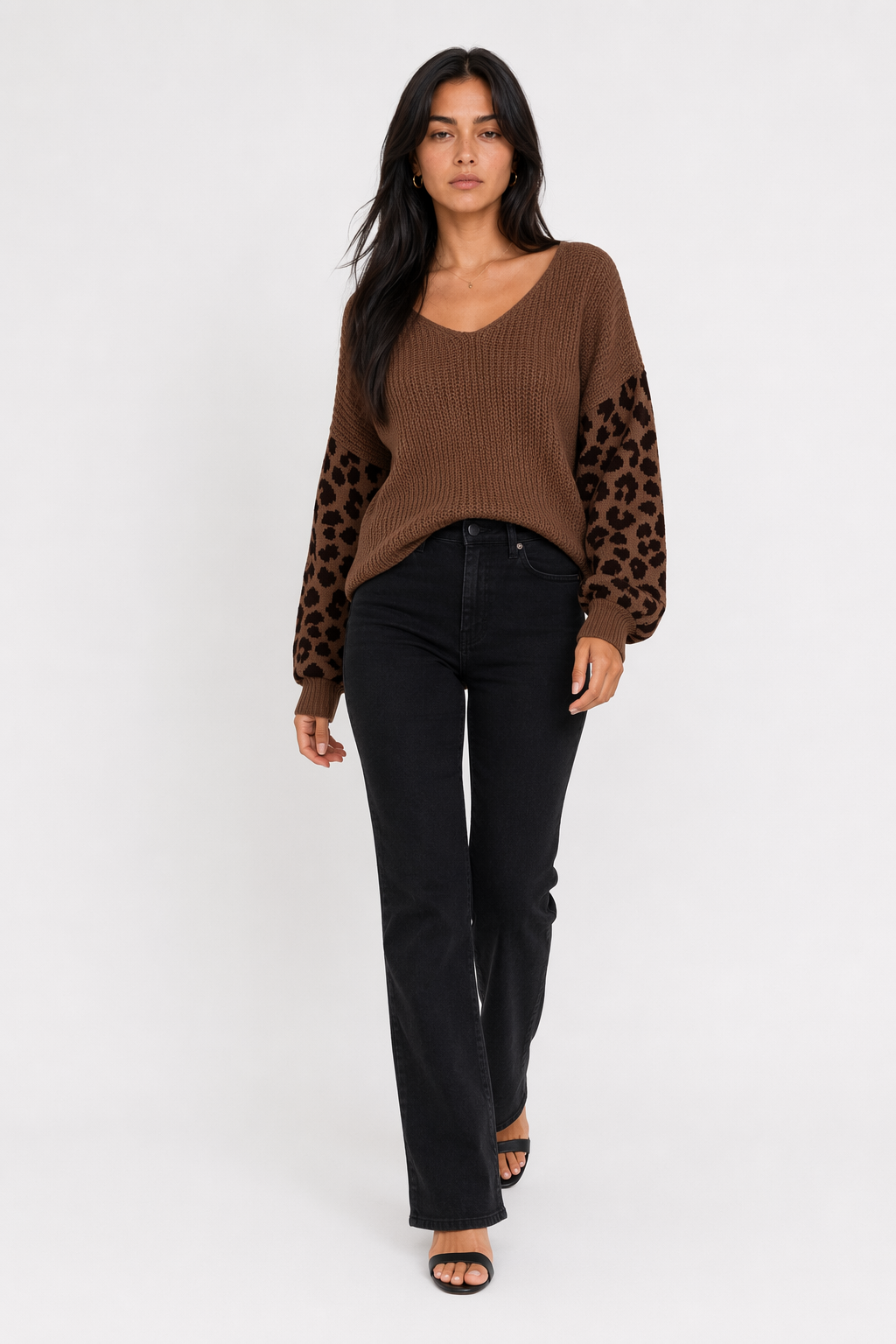 Leopard Print Sleeved Women's V Neck Sweater Brown