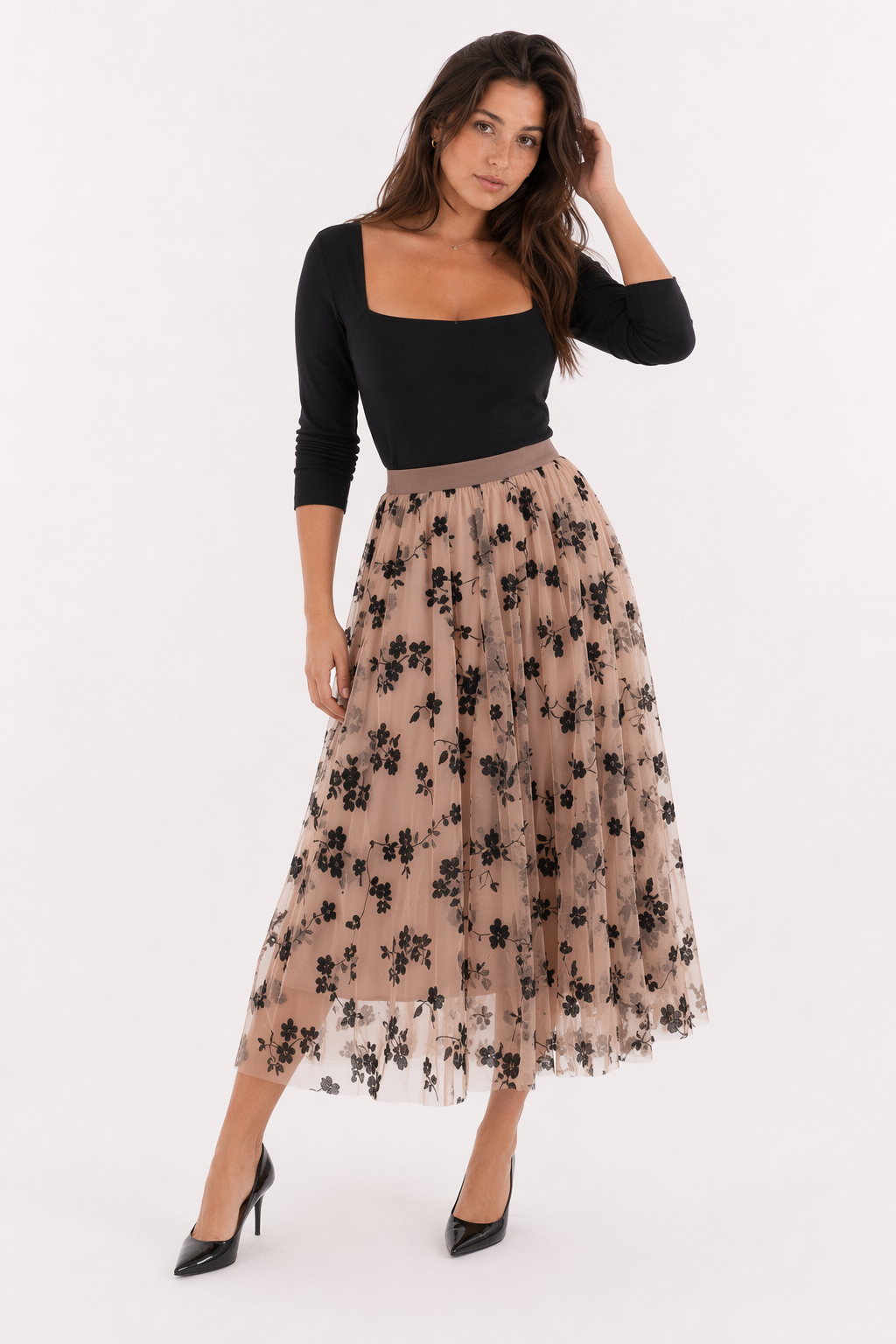 High Waisted Elastic Women's A-Line Skirt Beige