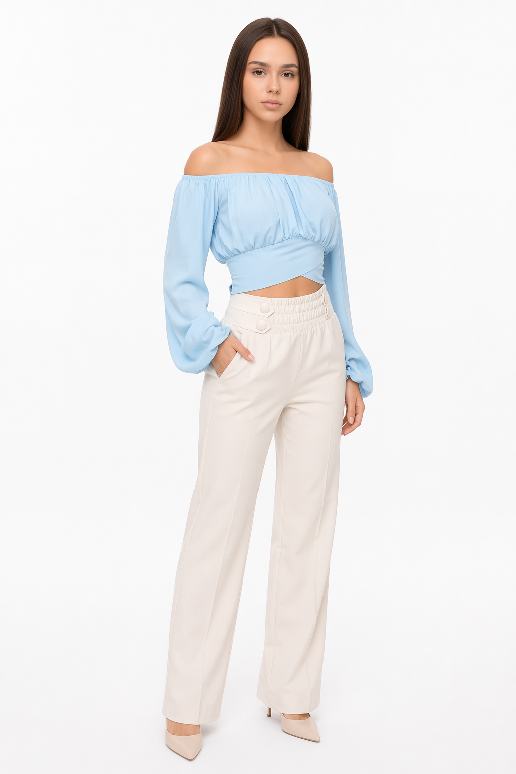 Summer Women's Top with Off-Shoulder Style and Bell Sleeves Blue