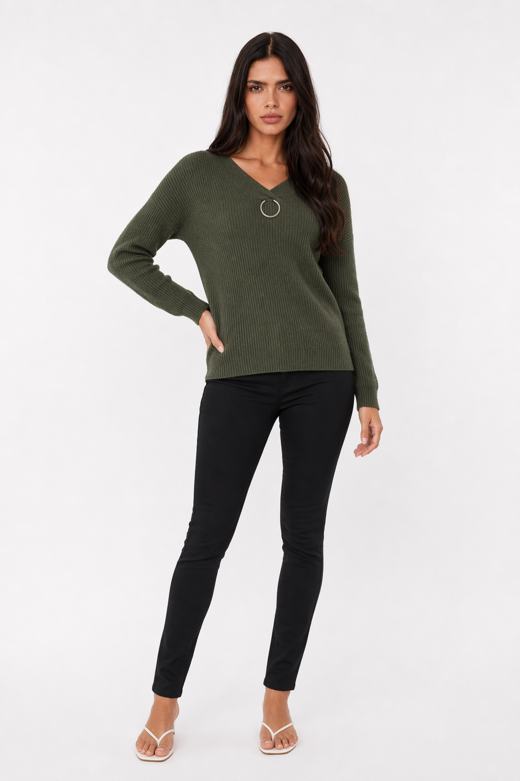 Women's Sweaters with V-Neck Design Green