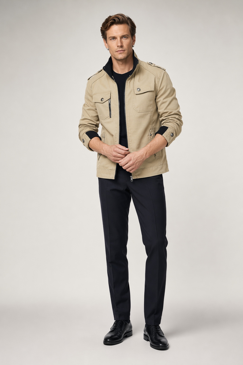 Casual Zipper Jacket for Men with Military-Inspired Look Beige