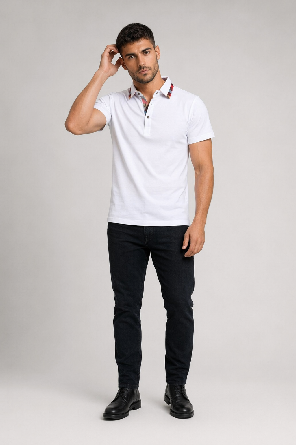 Plaid-Trimmed Polo Shirt for Men White