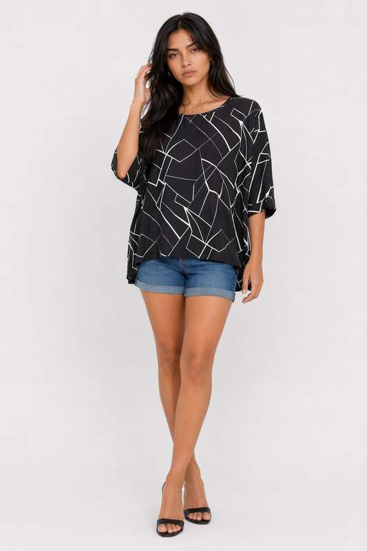 Geo Print Batwing Top for Women Default
