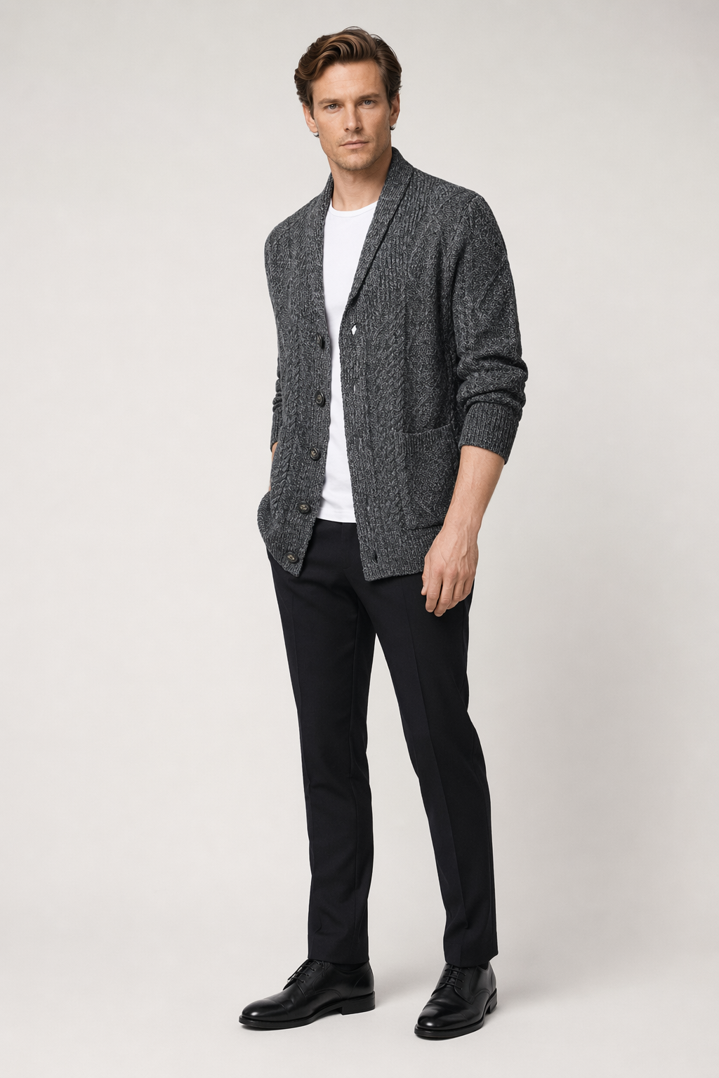 Shawl Collar Men's Cable Knit Cardigan Dark Gray