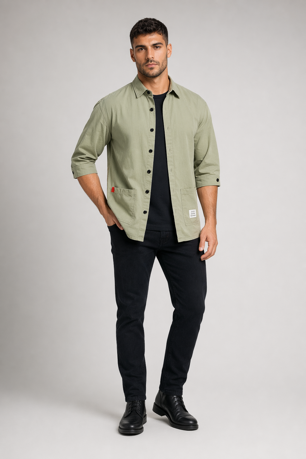 Quarter Sleeve Men's Shirt with Dual Front Pockets Green