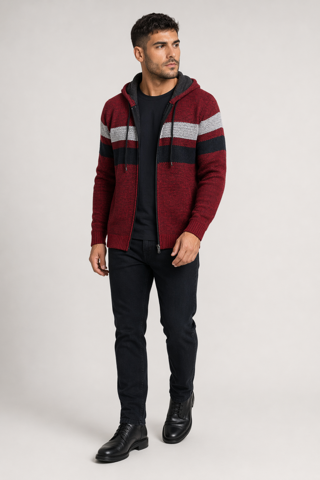 Hooded Men's Striped Knitted Sweater Red