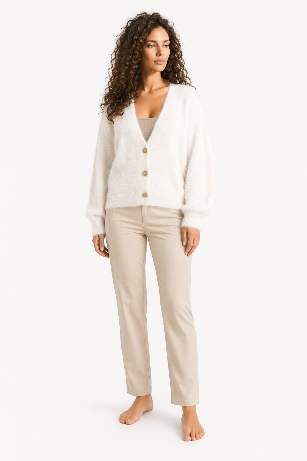Fuzzy V-Neck Women's Cardigan White