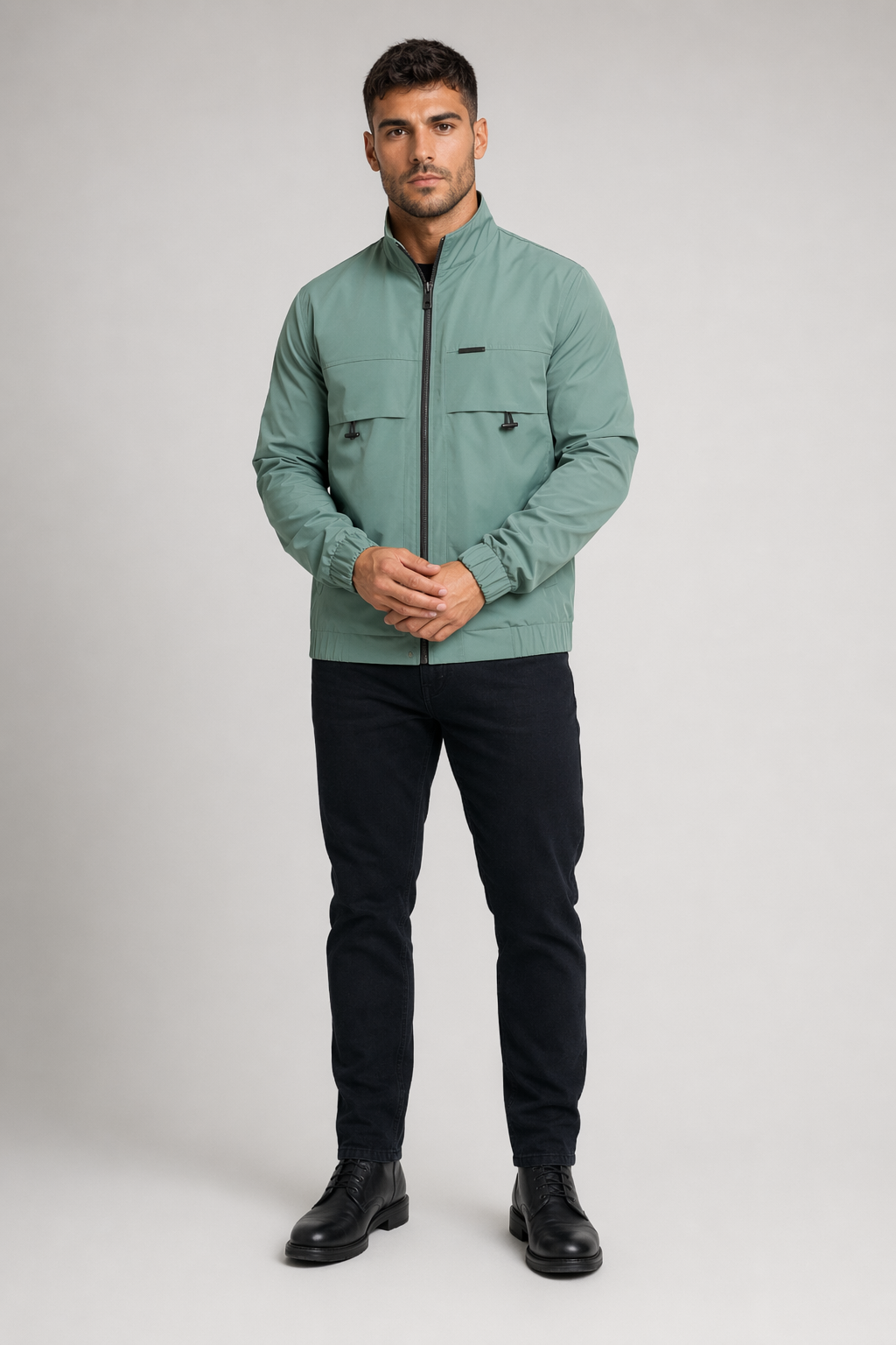 High Collar Windproof Jacket for Men Green