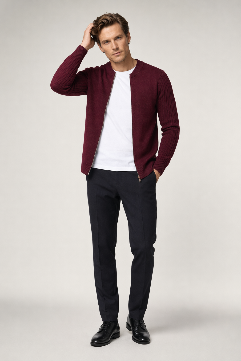 Zip Up Men's Cardigan with Round Neck Wine