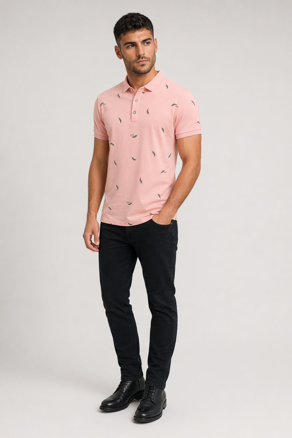 Feather Print Men's Polo Shirt - Short Sleeve Pink