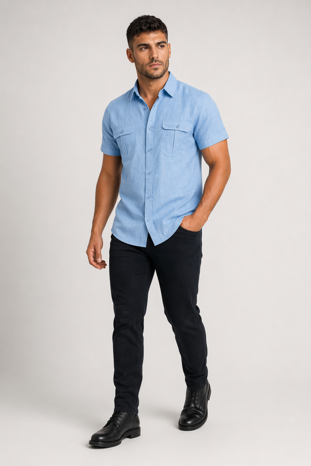 Linen Short-Sleeve Summer Shirt for Men BLUE
